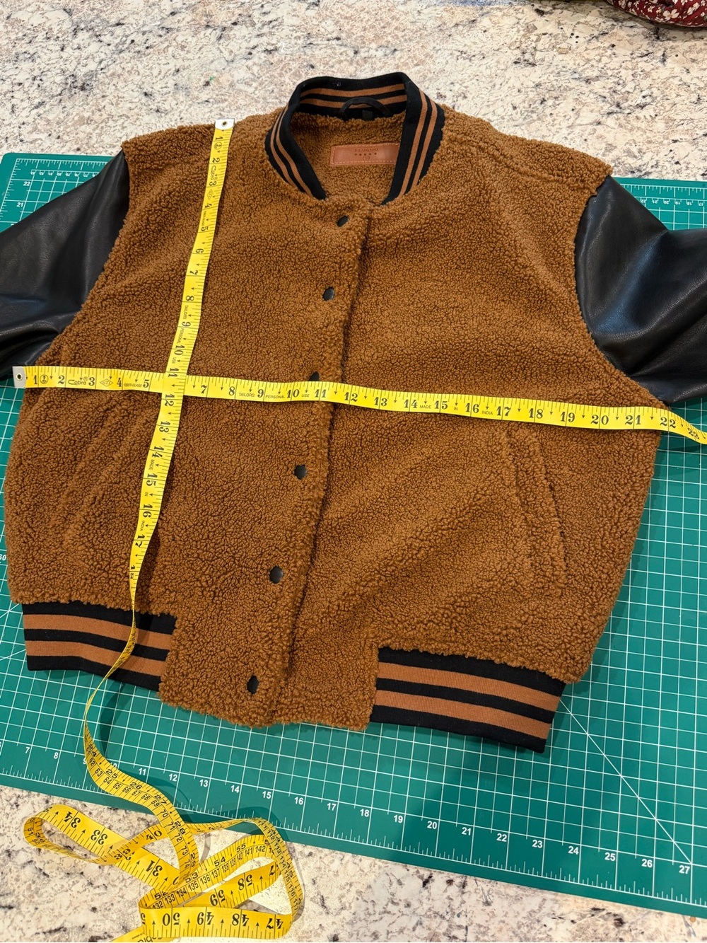 Teddy Varsity Jacket Faux Leather Sleeves Brown Cropped Bomber S - Picture 4 of 10